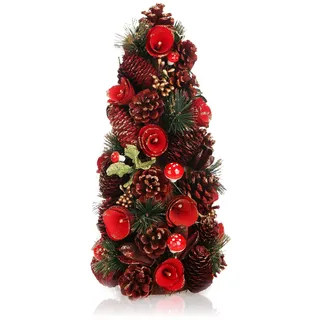 COM-FOUR® Deko-Weihnachtsbaum, dekorativer Kleiner Schmuckbaum, tolle Tischdeko, optimal für die Adventszeit, ergänzt Kränze und Girlanden (Baum rote Blume)
