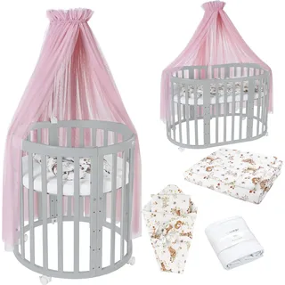 Waldin Babybett OWAL Kinderbett 7in1 mit Matratze, mitwachsendes Kinder-Bett,Stoffe Rosa Tiere,Holz grau - Grau