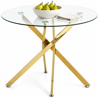 Stilvora Esstisch in Goldfarben Küchentisch mit gehärteter Glasplatte, moderner Esstisch und Couchtisch , B80/T80/H76cm , Metall , Rund,Rund , X-Form , 80x76x80 cm , Esszimmer, Esstische