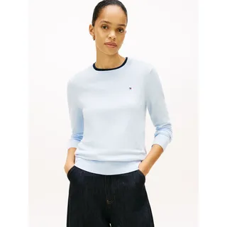 Rundhalspullover TOMMY HILFIGER "CO JERSEY STITCH LS C-NK SWT", Damen, Gr. XXL (44), blau (breezy blau), Strick, Obermaterial: 67% Baumwolle, 33% Polyamid, unifarben, normal hüftlang, Rundhals, Bündchen, Pullover Rundhalspullover, mit Logostickerei