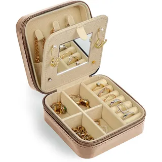 HomeGadget Reise Schmuckkästchen mit Spiegel - Schmuck Box aus PU Leder mit Reißverschluss - Jewelry Organizer - Rosa
