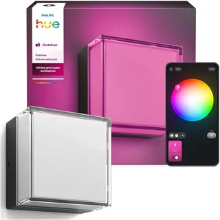 Philips Hue Scenova Outdoor LED-Wandleuchte, quadratisch | White & Colour Ambiance, CCT 2000–6500K, UV-beständig, IP44, Sanftes Licht, Gartendekoration, Alexa, Google Home, Apple Home