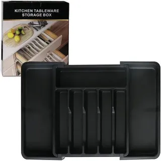 Unyqoos® Verstellbarer & ausziehbarer Besteck-Organizer für Küchenschublade – Schwarz, 33,5–56,5 cm, 6–8 Fächer, BPA-frei, für Besteck & Küchenutensilien - Schwarz