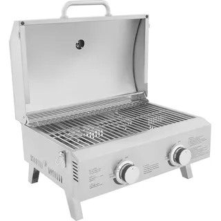 BBQ Gasgrill - Tragbarer Grill - LPG - 2 Brenner - Klappbar - Edelstahl - Camping/Picknick/Wohnmobil - Silber