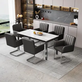Flieks Polsterstühle 6er Set, Esszimmerstühle Freischwinger 6er Set, Besucherstühle Arbeitsstühle mit Armlehnen und Metallbeinen, PU, Schwarz Braun - Schwarz