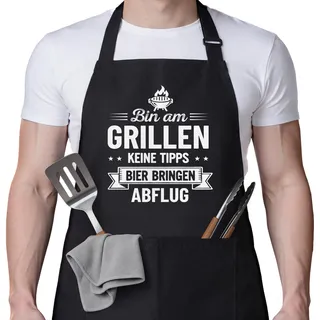 Geschenk für Männer lustiges Grillgeschenk Grillfans Grillschürze Bin am GRILLEN KEINE TIPPS BIER BRINGEN ABFLUG 68×78cm Polyester waschbar strapazierfähig BBQ Schürze Grillzubehör Männer Geschenkidee
