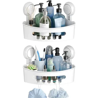 TAILI Duschablage Ohne Bohren,Einstellbar Ecke Dusche Caddy Saugnapf 2er Set Dusche Zubehör mit Haken Rostfrei Schwarz Duschregal Organisator (Schwarz-3)