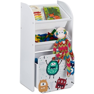 Relaxdays Kinderregal mit 3 Boxen, Monster-Motiv, Kiste mit Rollen, HBT: 80,5x42,5x30 cm, schmales Spielzeugregal, weiß, 10037514_0