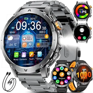 LIGE Smartwatch Herren 1000mAh Großer Akku, 1,7” Fitnessuhr mit LED Taschenlampe, Telefonfunktion, 110+ Sportmodi, Herz-/Schlaftracking für iOS/Android, 2 Ladegeräte, 3 Armbändern, EF24-F