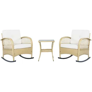 Stilvora Schaukelstuhl Garten Schaukelsessel mit Tisch,3er set Balkonset Rattan Relaxsessel , Beige , Metall , Gartenmöbel, Gartengarnituren, Gartenmöbel-Sets
