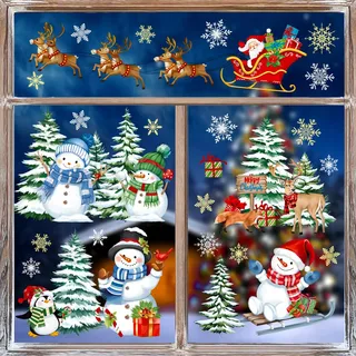 decalmile Fensterbilder Weihnachtsbaum Schneemann Xmas Fensteraufkleber | Statische Anti-Kollision Fensterdeko, Beidseitiger Druck, auf Beiden Seiten klar Sichtbar, Wasserdicht, Abnehmbar