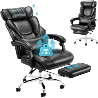 COLAMY Bürostuhl Leder mit Fußstütze, Ergonomischer Chefsessel für Homeoffice – Hohe Rückenlehne, 90–135° Neigefunktion, Gepolsterte Armlehnen, Office Chair mit Lendenkissen, Schwarz