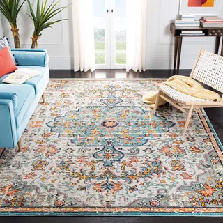 SAFAVIEH Boho Teppich für Wohnzimmer, Esszimmer, Schlafzimmer - Madison Collection, Kurzer Flor, Grau und Hellblau, 200 x 200 cm