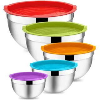 Onader Rührschüssel, 5-Teilig Edelstahl Salatschüssel Schüssel Set mit Luftdichtem Deckel, Perfekt für Backen/Kochen/Zubereitung, Stapelbar & Spülmaschinenfest, 4.6/2.8/1.6/1.2/0.7L - Bunt