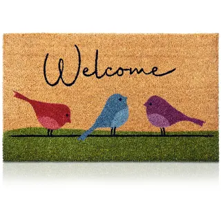Fußmatte Kokosfaser Bunte Vögel - 70x40cm - Willkommens Fussmatte mit Antirutsch PVC & Kokos Oberfläche - für Hauseingänge, Flure, Außentüren, Wohnaccessoires - Schlichtes Originaldesign