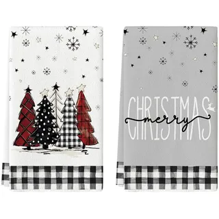 Artoid Mode Schwarz Weiß Büffelkaro Bäume Weihnachten Küchentücher Geschirrtücher, 42x65 cm Schneeflocken Deko Polyester Handtücher 2er Set