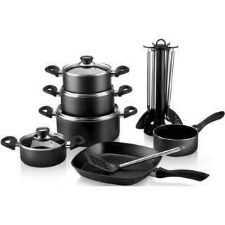 Krüger Topf-Set »Aluguss Topf- und Pfannenset inkl. praktischen Küchenhelfern, 17 tlg.« Set, Fleischtopf 16/18/20/24cm, Stieltopf 16cm Steakpfanne 7 T.Küchenhelfer, 17 Stk. tlg. Aluminiumguss, schwarz