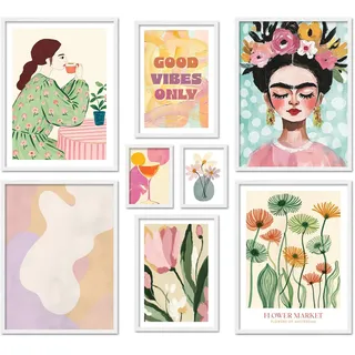 ARTFAVES® Poster Set - ABSTRACT ART GALERIE - mehrteilige Wanddeko Wohnzimmer & Schlafzimmer - 8 moderne Wandbilder abstrakt, pastell, sommer, frühling, kunst, frida kahlo - mit Rahmen Weiss