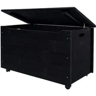 Pinus Spielzeugkiste 90x48x51 cm mit Deckel Rollen Kinderzimmer Schwarz | Kiefernholz, große Aufbewahrung, für Spielzeug Decken Kuscheltiere, 4 Rollen, niedrige Höhe, leichtes Einräumen