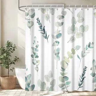 Uiiooazy Duschvorhang Grün, Duschvorhang 180x220cm Anti Schimmel Blau Blätter Eukalyptus Pflanzenmotiv Duschvorhänge Wasserdicht Polyester Stoff Waschbar Bad Vorhang mit 12 Haken für Badezimmer