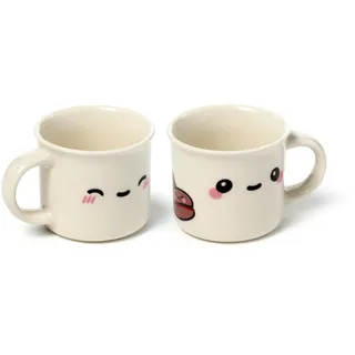 Puckator Set mit 2 Kaffeetassen aus Porzellan, 100 ml, Design Foodiemals, Kawaii-Gesicht, mikrowellengeeignet, in Geschenkbox