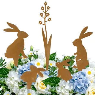 Herbst 5er Osterdeko Gartenstecker, Hasen Blume Ostereier Rost Frühlingsdeko, Edelrost Ostern Deko für Draußen Outdoor Gartendeko Blumentopf Osterkranz Ostereiersuche