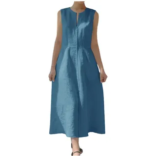 Ladyful Damen Linen Dress Leinenkleid | Spitzenkleid aus Leinen, Reißverschluss hinten, zwei Taschen, langes Kleid, elegantes Sommerkleid, Baumwoll-Tankkleid für den