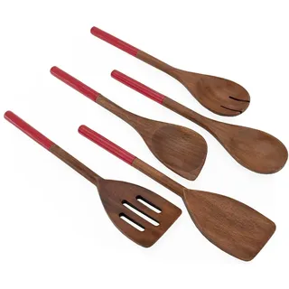 Chef Pomodoro Kochlöffel Holz 5er Set – Kochlöffel Set aus Akazienholz – Holzkochlöffel Set -Kochlöffel Set – Holzkochlöffel - Pfannenwender Holz – Spitzkochlöffel - Rührlöffel (Rot)