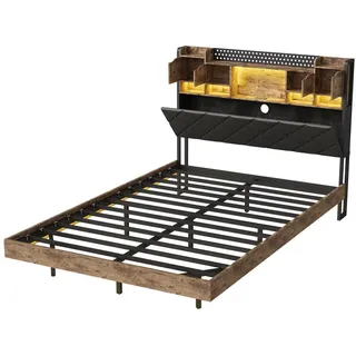 EuroLiving Polsterbett 160x200 cm mit LED & Usb, Doppelbett mit Kopfteil Stauraum, Schwebebett Holzoptik Metall , Schwarz , 160x200 cm , Schlafzimmer, Betten, Polsterbetten
