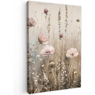 MuchoWow Leinwandbild Blumen - Rosa - Modern - Beige Wanddeko Schlafzimmer 60x90 cm , Textil , Kiefer , Abstrakt , Rechteckig , 60x90 cm , FSC 100% , gerahmt , Bilder & Rahmen, Bilder, Leinwandbilder