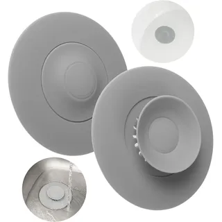 Universal Abfluss Stöpsel, 2 Stück, Ø 11 cm, Grau, Silikon, für bis Ø 100 mm Ventilablauf, Essensreste - und Haarsieb Filter, Ablauf Sieb für Spüle, Waschbecken, Badewanne, Stopfen Küche Bad Set