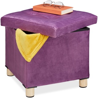 Relaxdays Samthocker mit Tablett im Deckel, mit Holzbeinen, eckiger Sitzhocker, HBT: 35 x 38 x 38 cm, Mauve, Holz