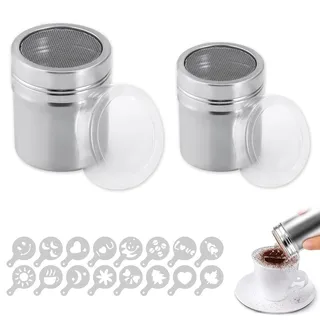Puderzuckerstreuer,2 Stück Edelstahl Kakaostreuer für Cappuccino,Mehlstreuer mit Deckel,Kakao Streuer für Kaffee Backen Kochen Gebäck - Mit 16 Musterformen