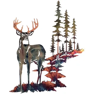 Metall-Wanddekoration Hirsch im Wald - Hirschgebirge, Baum-Ornament, Dekorative Tier-Hängeskulptur, Statue für Drinnen und Draußen, Garten, Zuhause, Wohnzimmer