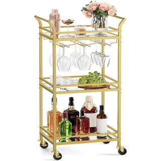 VASAGLE Servierwagen, 3 Ebenen, Rollwagen, mit Rollen, Griffen, verspiegelte Glasablagen, für kleine Räume, Küche, Esszimmer, Bar, goldfarben LRC091A62