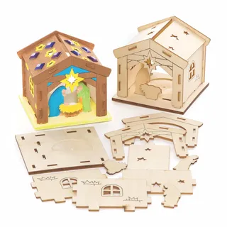 Baker Ross FC206 Krippenstall Teelichthalter Bastelset aus Holz - 3er Pack, Holzteelichthalter für Kinder zum Basteln und Bemalen, Weihnachtsbastelsets