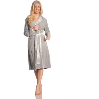 Damenbademantel VOSSEN "Juno, ideal für Sauna & Spa, Hotelbademantel, Morgenmantel" Gr. L, grau, L:100cm, Nicki-Velours, Hausmäntel, Damenbademantel, mit Kapuze, gestreifte Akzente