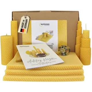Wachsmann 100% reines Bienenwachs aus Deutschland, Kerzen selber machen Set – 15 Bienenwachsplatten (15 x 20 cm) mit Hanfdochten für 15 Bienenwachskerzen, Dochte 21 cm, Adventskerzen & Geschenk