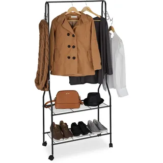 Relaxdays Rollgarderobe, mit 2 Ablagen f. Schuhe, Taschen, Accessoires, Haken, Metall, stabiler Kleiderständer, schwarz