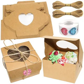 Cupcake Box Kraftpapier Geschenkboxen Karton Mit Sichtfenster Herzförmige Cupcake Boxen 24 Stk Mit Aufkleber und Seil für Keksschachtel Mehlspeisenkarton Dessert Cupcakes Kraftpapier Box
