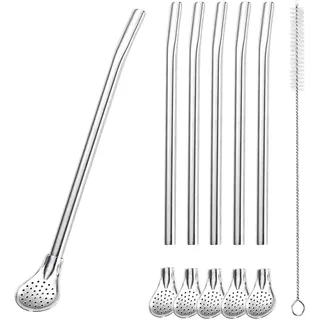6er Set Edelstahl Trinkhalme löffel, Wiederverwendbare, spülmaschinengeeignete Trink, 2 in 1 Strohhalm & Löffel ideal als Latte Macchiato und Cocktail
