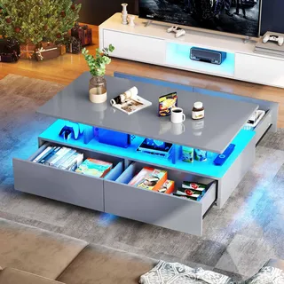 YITAHOME Couchtisch Grau, Wohnzimmertisch Hochglanz mit 16-Farbiger LED Beleuchtung Modern, Beistelltisch Weiss mit Offenem Ausstellungsregal und 4 Ausziehbaren Schubladen 90x55x41,1 cm