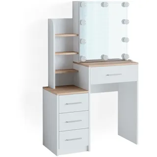 Vicco Schminktisch Conrada Weiß/Sonoma 80 cm mit LED Beleuchtung , Weiß, Sonoma Eiche , Holzwerkstoff , 4 Schubladen , Rechteckig,Rechteckig , 80x131.6x36 cm , Schlafzimmer, Schminktische