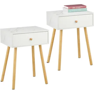 Relaxdays Nachttisch, 2er Set, Schublade, Marmor- & Holzoptik, HBT: 55x40x32 cm, Schlafzimmer, Nachtschrank, weiß/Natur