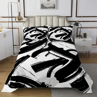 Loussiesd Kinder Schwarz und Weiß Tagesdecke 220x240cm Geometrie Geometrische Wohndecke für Jungen Mädchen Tinte gestreifte Moderne Kunst Bettüberwurf Zimmer Dekor Steppdecke
