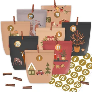 Adventskalender zum Befüllen 24er Set Papiertüten mit Aufklebern
