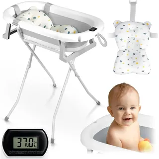 Ricokids Baby Badewanne Babywanne mit Gestell Thermometer und Badekissen - Faltbar Leicht Rutschfest - Weiß Grau