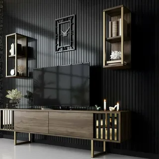 Dmora - Fernsehschrank Eunomia, Ständer für Wohnzimmerfernseher, Niedriges Wohnzimmer-Sideboard, TV-Ständerbasis, 180x30h48 cm, Walnuss und Schwarz