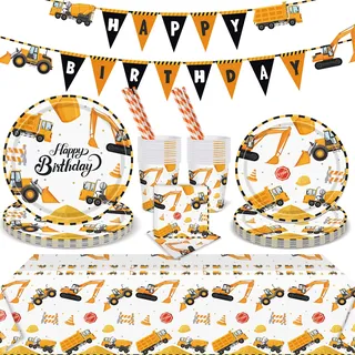 Yosemy Bagger Partygeschirr Set für 25 Personen, 127 Stück Einweg Papierteller Papierbecher Papiertrinkhalme Servietten, Partygeschirr für Kindergeburtstag Jungen/Mädchen Geburtstag