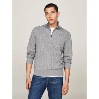 Strickpullover TOMMY HILFIGER "CLASSIC COTTON CABLE ZIP MOCK", Herren, Gr. XXL, grau (medium grau heather), Strick, Obermaterial: 100% Baumwolle, regular fit, Rippbündchen, Pullover Strickpullover, mit modischem Zopfmuster